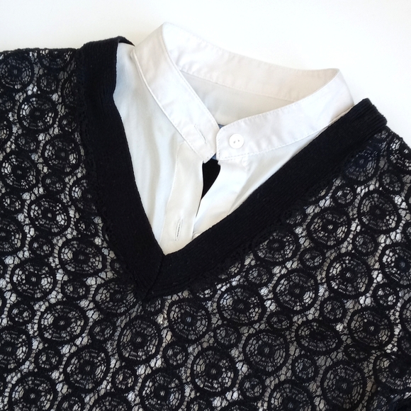 Vintage Simply Vera Navy Blue Lace Long Sleeve Sweater w Built-In White Shirt XS - Picture 2 of 16